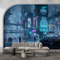 Vibrant cyberpunk wall mural for contemporary apartments.
