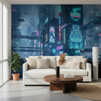 Digital art cityscape wallpaper with cyan neon lighting.