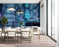 Futuristic cityscape wall mural with a purple sports car.