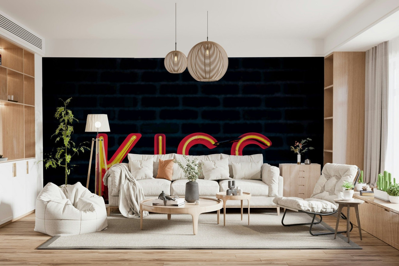 A beautiful abstract art wallpaper mural with neon pink and electric blue colors.