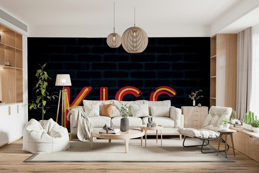 A beautiful abstract art wallpaper mural with neon pink and electric blue colors.
