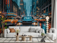 Neon Rain in the City Wall Mural