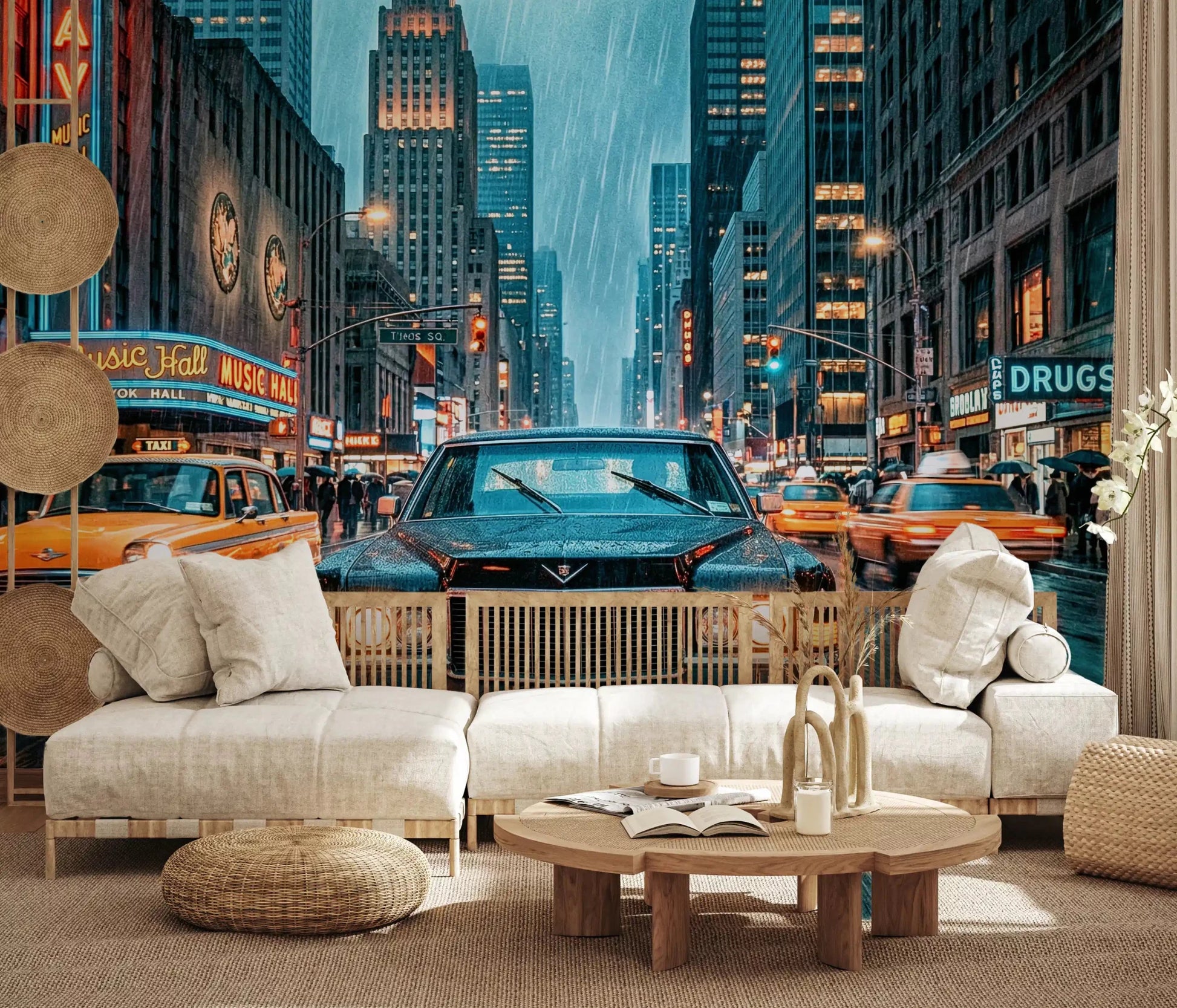 Neon Rain in the City Wall Mural