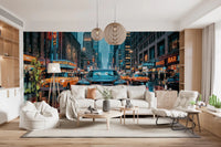 Neon Rain in the City Wall Mural