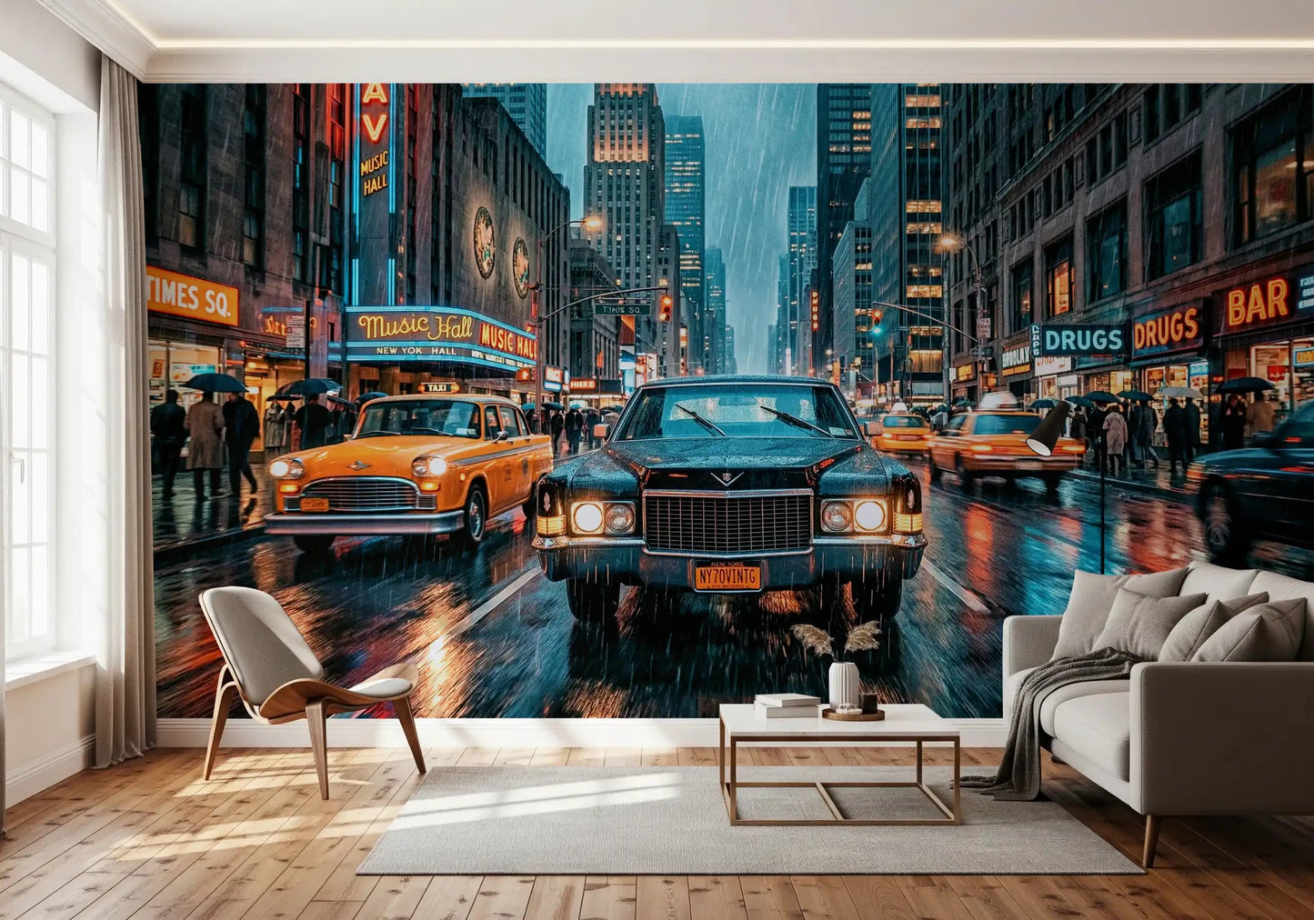 Neon Rain in the City Wall Mural