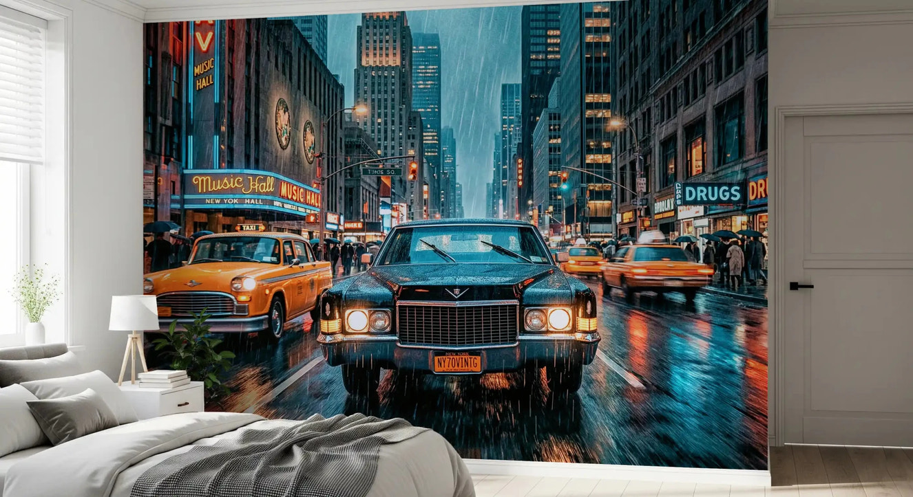 Neon Rain in the City Wall Mural