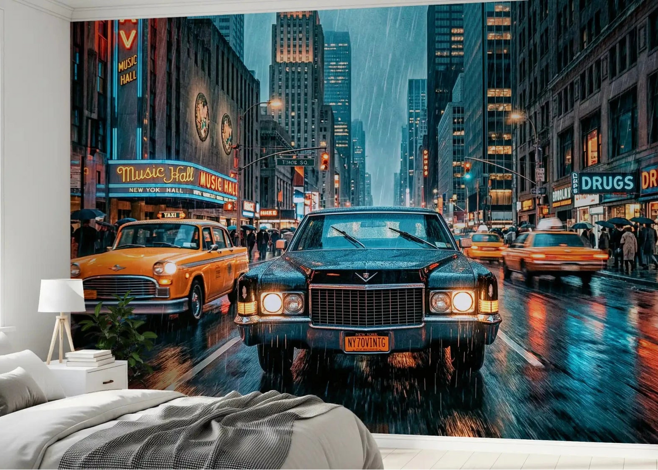 Bedroom Neon Rain in the City wall mural with wet road reflections