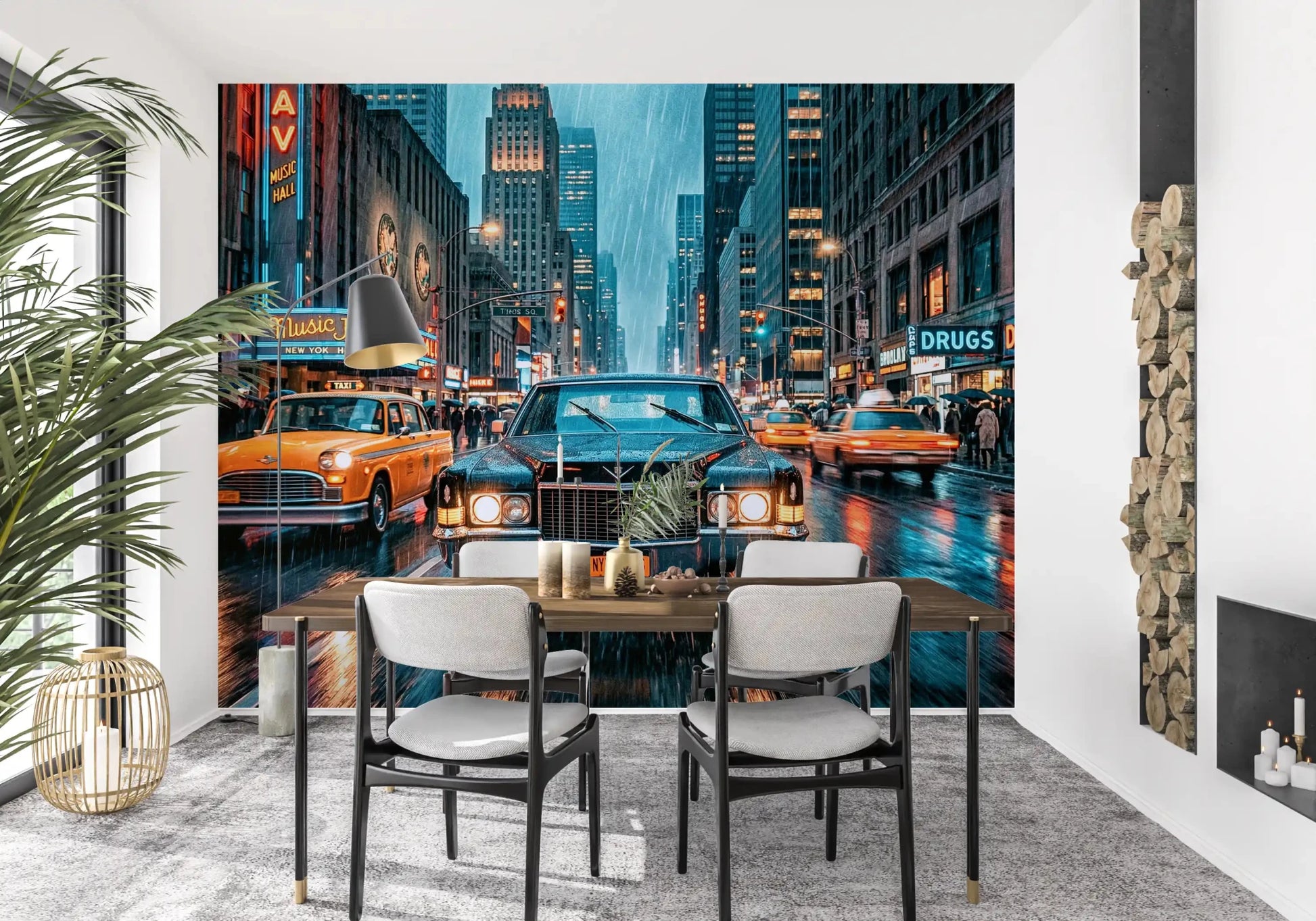 Neon Rain in the City Wall Mural