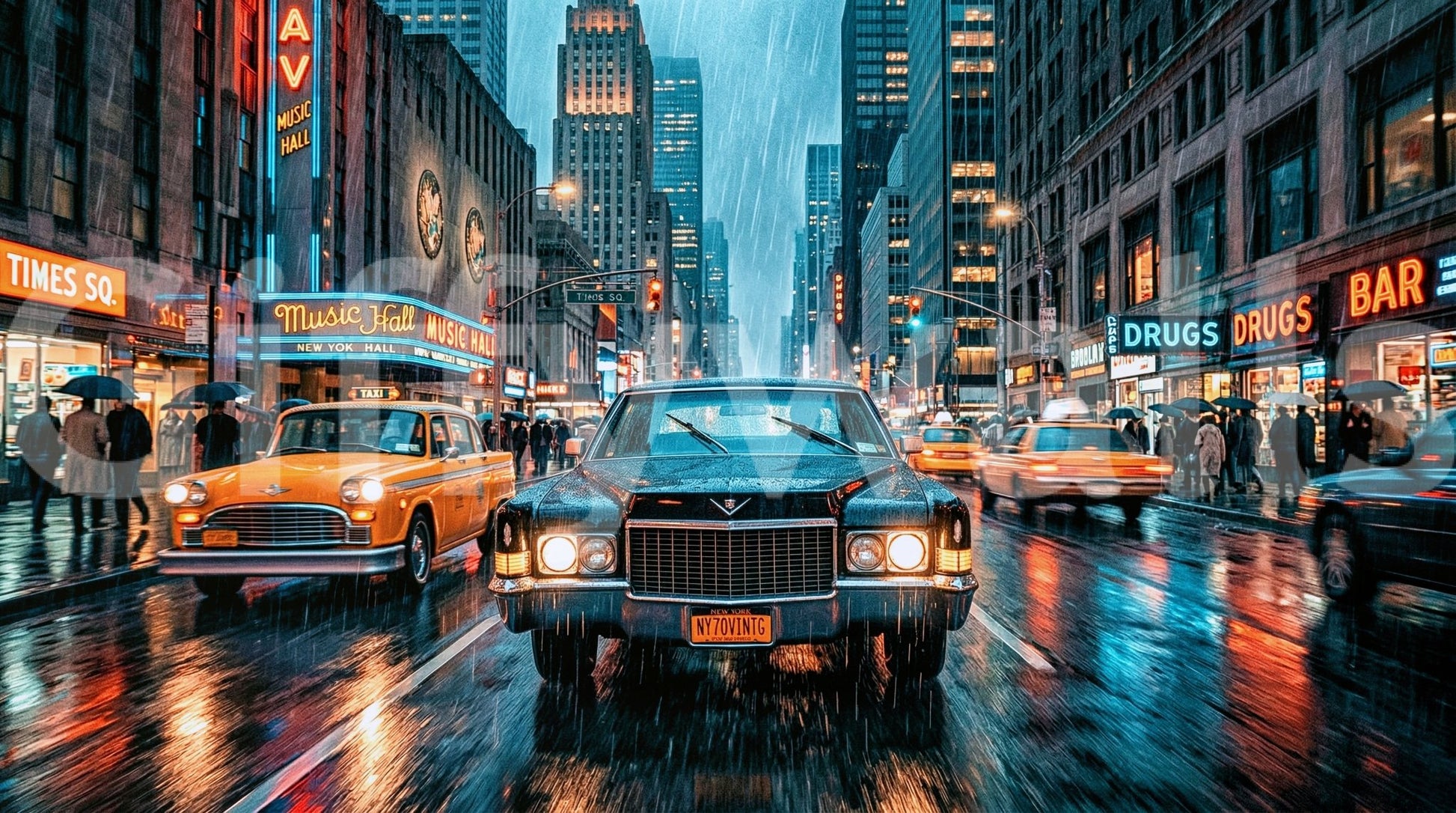 Neon Rain in the City Wall Mural