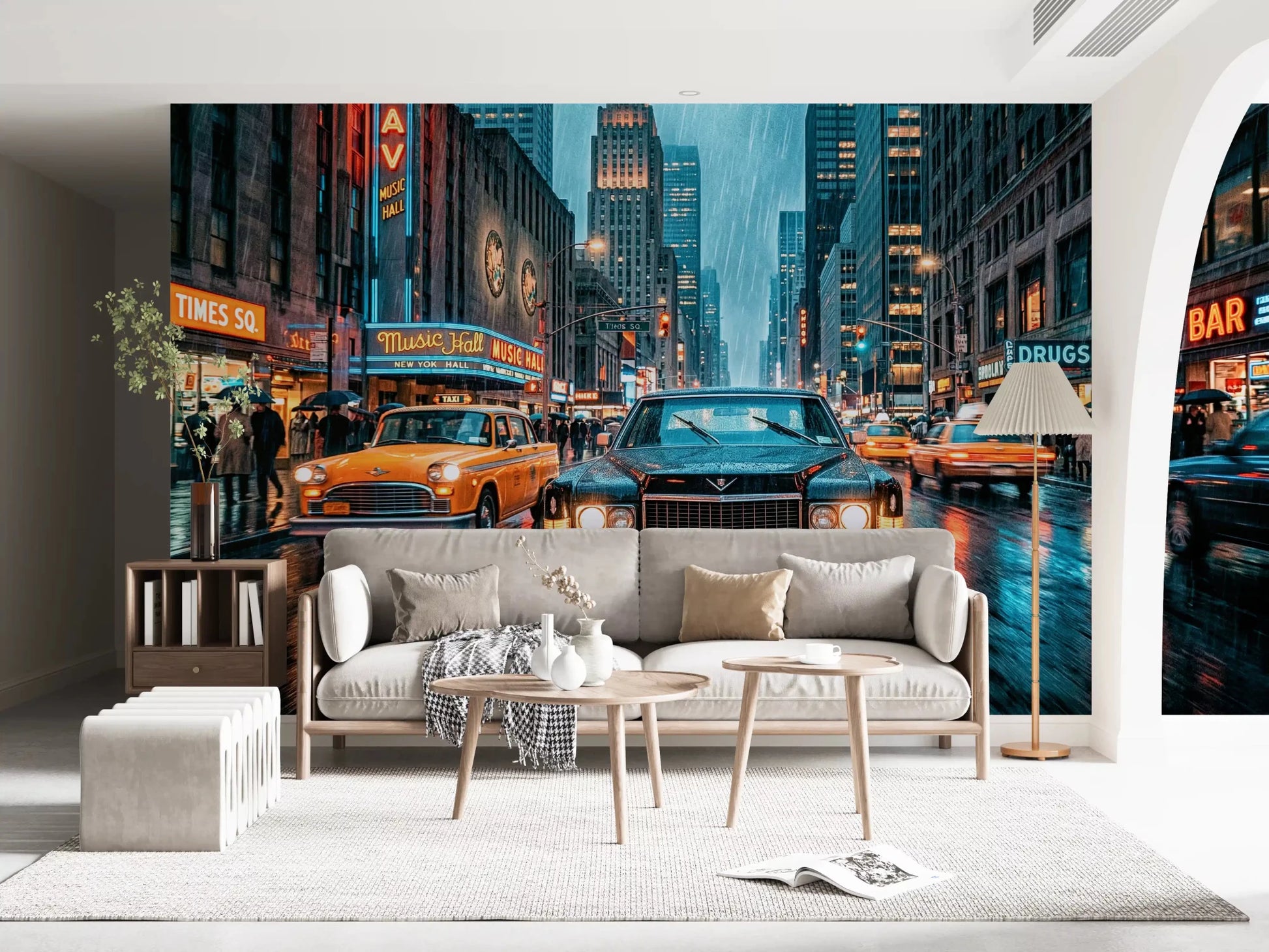 Neon Rain in the City Wall Mural