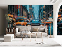 Neon Rain in the City Wall Mural