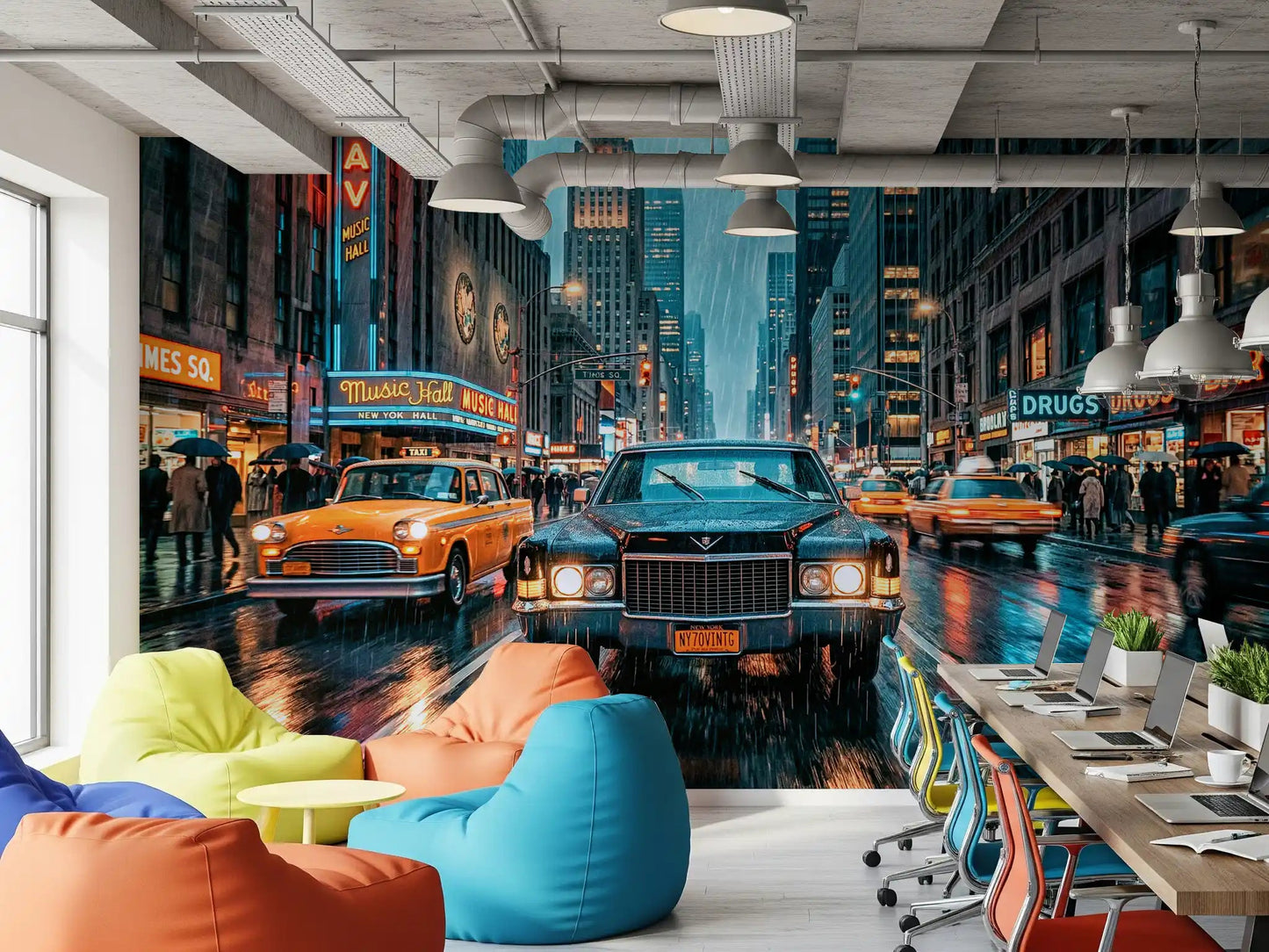 Neon Rain in the City Wall Mural