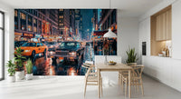 Kitchen Neon Rain wall mural showing reflective pavement and city motion, GD9054