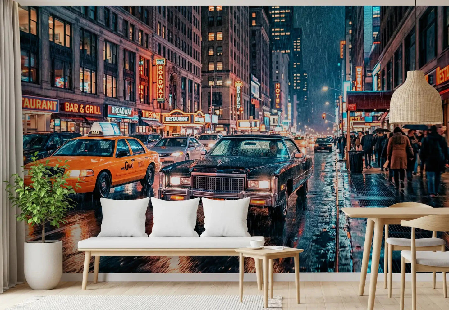 Rain NYC wall mural with urban storefronts and glossy road surface, GD9054