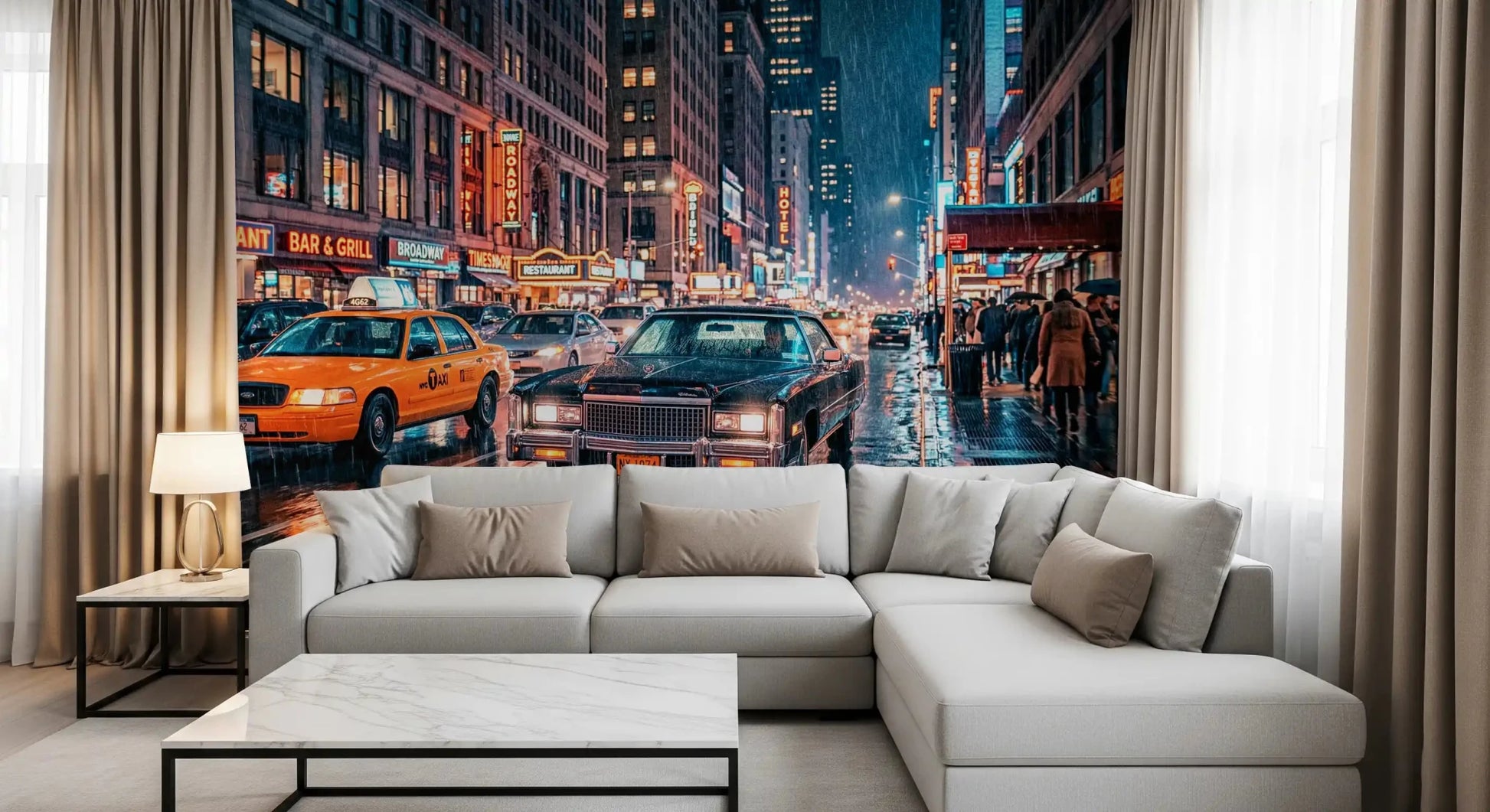Neon Rain NYC wall mural with glowing billboards and rainy avenue detail, GD9054
