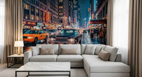 Neon Rain NYC wall mural with glowing billboards and rainy avenue detail, GD9054