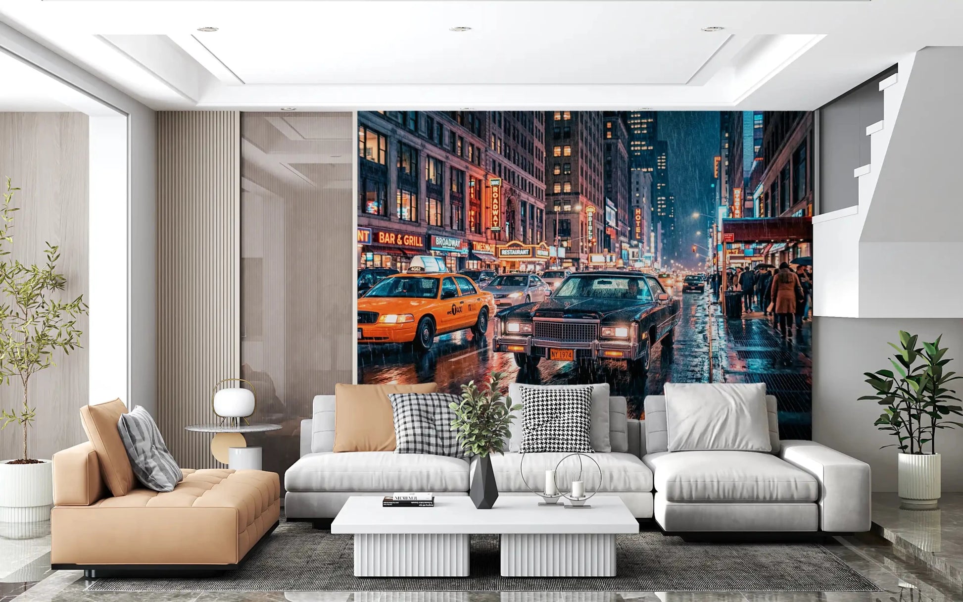 Living room NYC Streets Neon wall mural in wet night traffic and glowing signs, GD9054