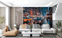 Living room NYC Streets Neon wall mural in wet night traffic and glowing signs, GD9054
