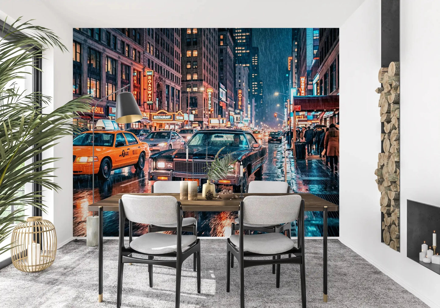 Dining room Rain NYC Streets wall mural with bright storefront lights and taxis, GD9054