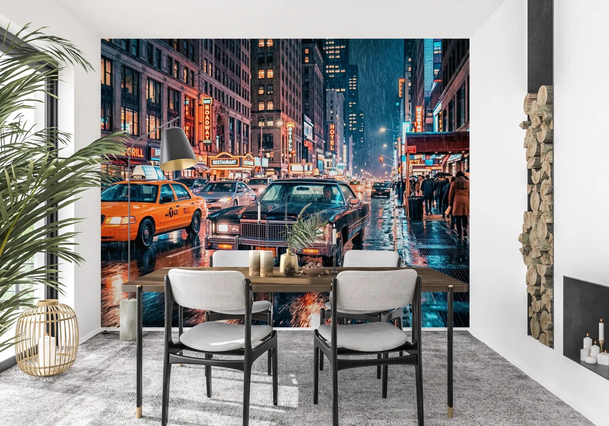 Dining room Rain NYC Streets wall mural with bright storefront lights and taxis, GD9054