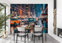 Dining room Rain NYC Streets wall mural with bright storefront lights and taxis, GD9054