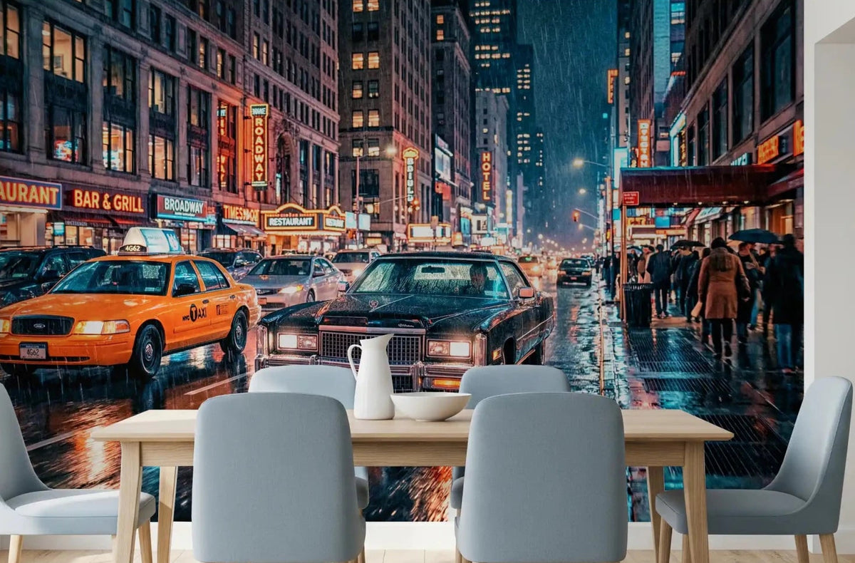 Dining room Neon Rain NYC wall mural with rainy city street and yellow taxi, GD9054