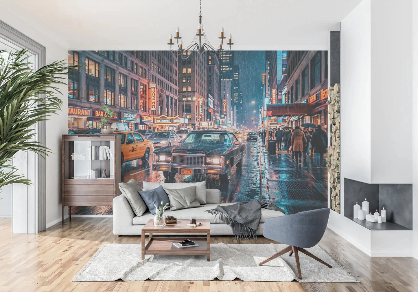 NYC Streets wall mural in blue night tones with bright traffic reflections, GD9054