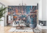 NYC Streets wall mural in blue night tones with bright traffic reflections, GD9054