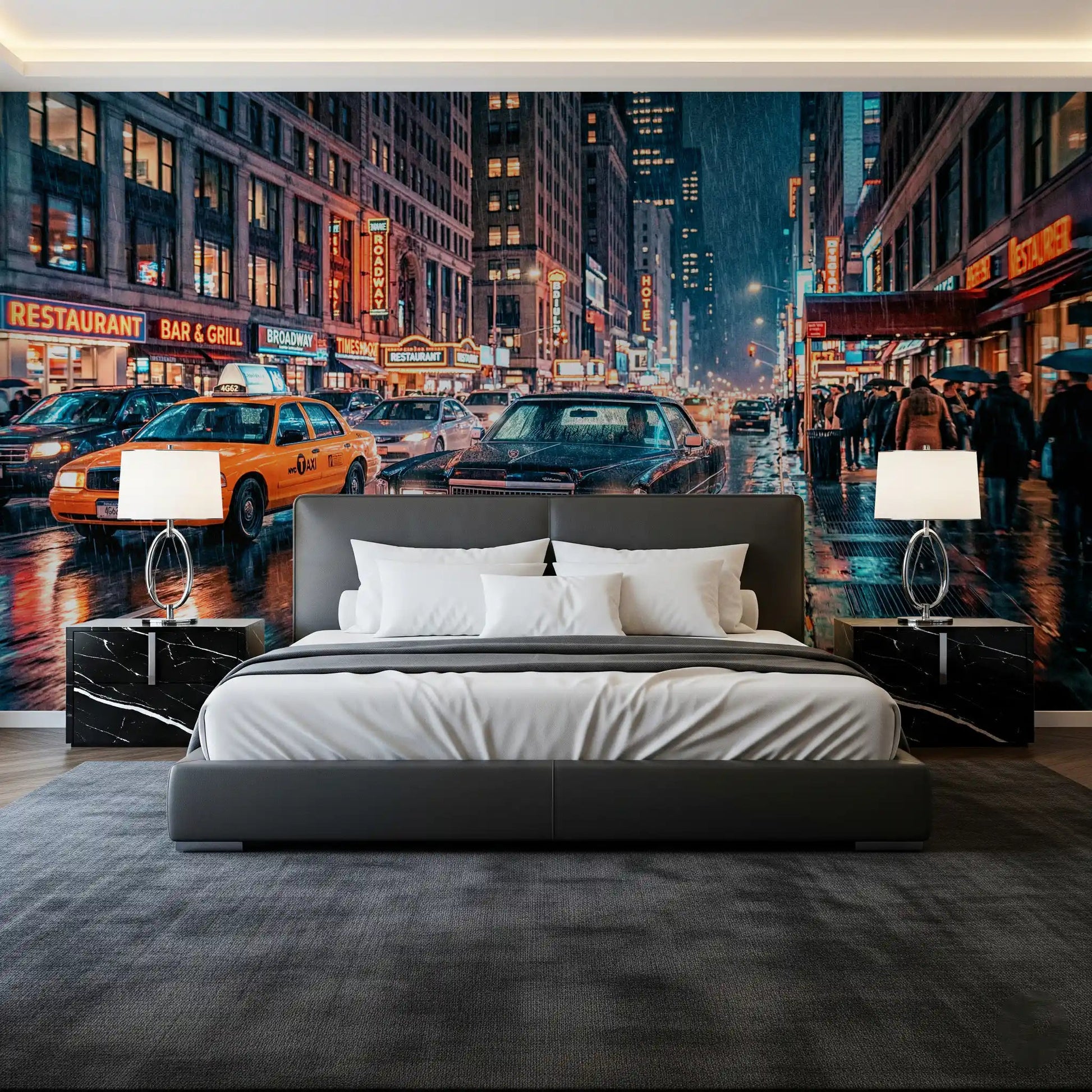 Neon Streets wall mural with classic taxi, rain streaks, and city lights, GD9054