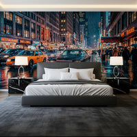 Neon Streets wall mural with classic taxi, rain streaks, and city lights, GD9054