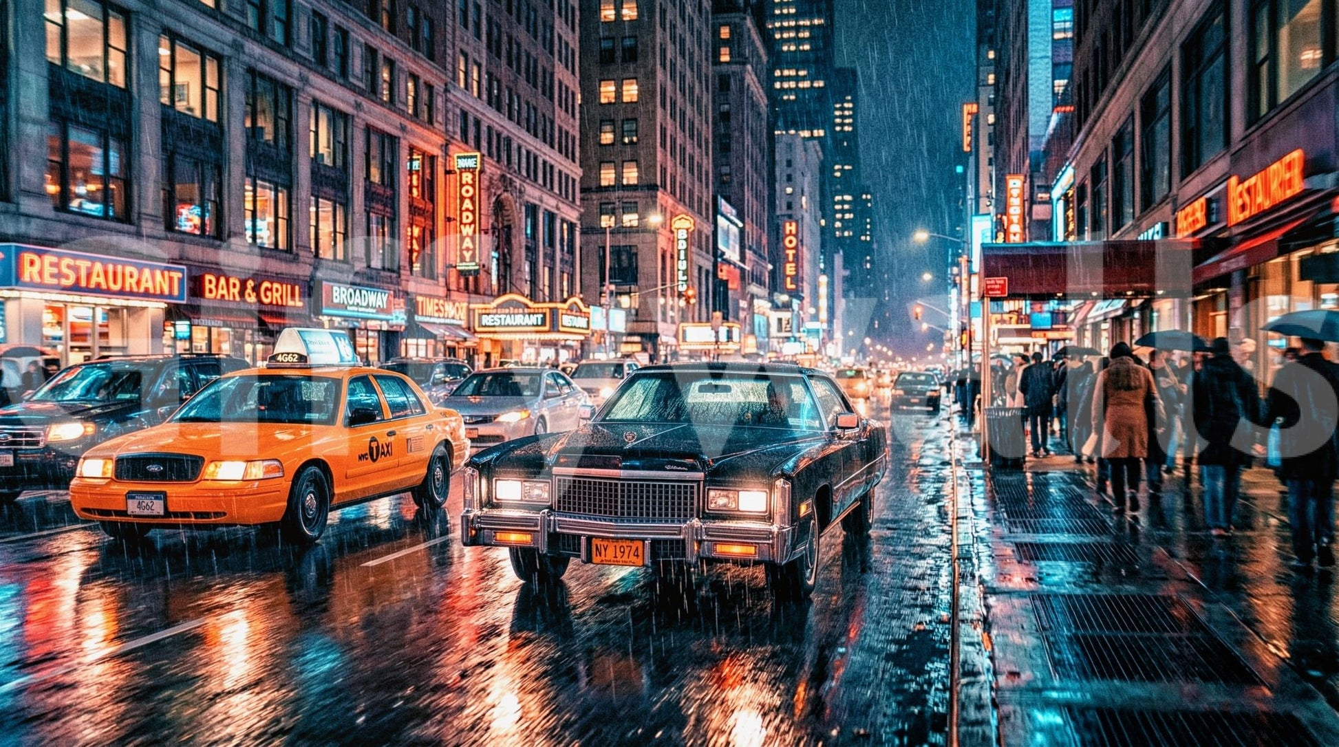 NYC Neon wall mural with wet pavement shine and bustling evening street, GD9054