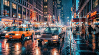 NYC Neon wall mural with wet pavement shine and bustling evening street, GD9054