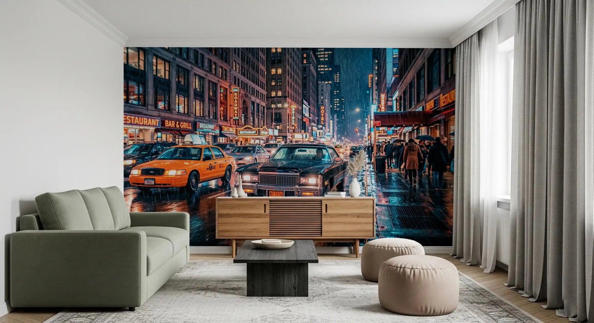 Hallway Neon NYC Streets wall mural with classic cars and urban rain scene, GD9054