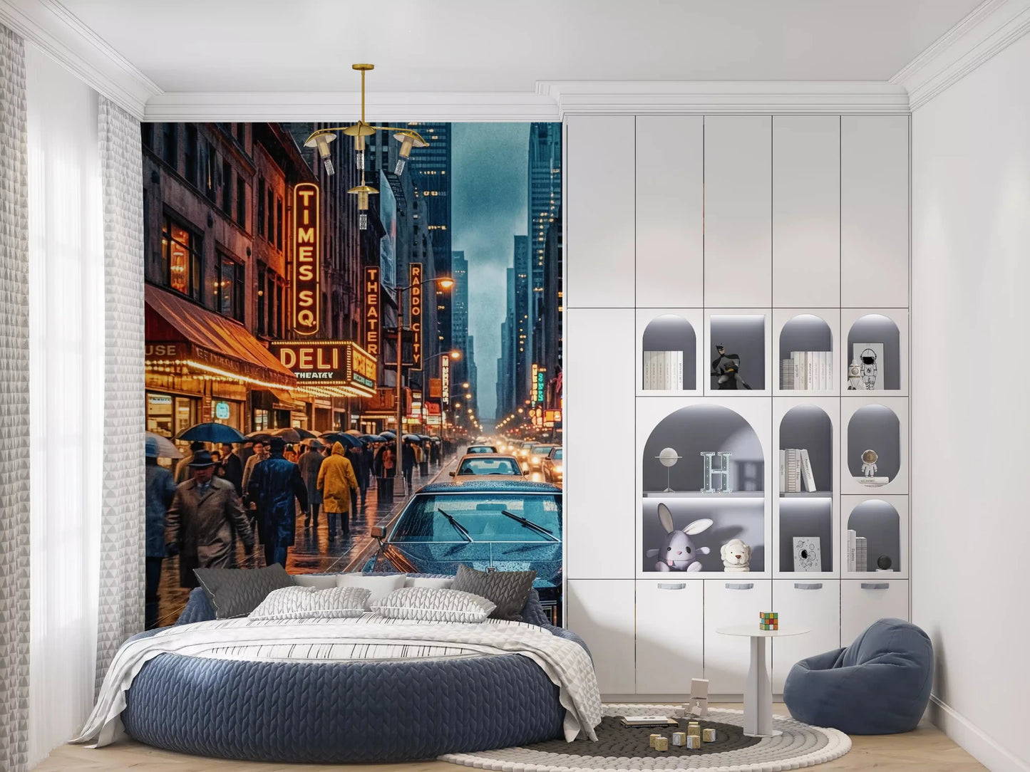 Neon Rain Vintage wall mural showing slick pavement and city traffic, GD9052