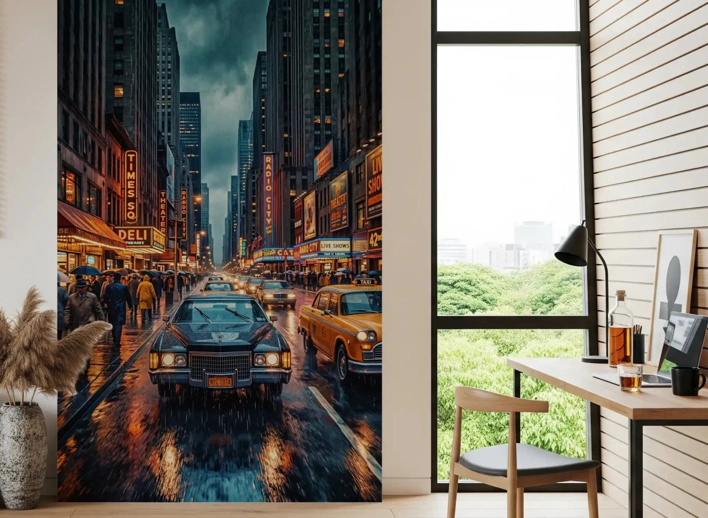 Office room Neon Rain Vintage wall mural with rainy New York taxi street, GD9052