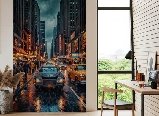 Office room Neon Rain Vintage wall mural with rainy New York taxi street