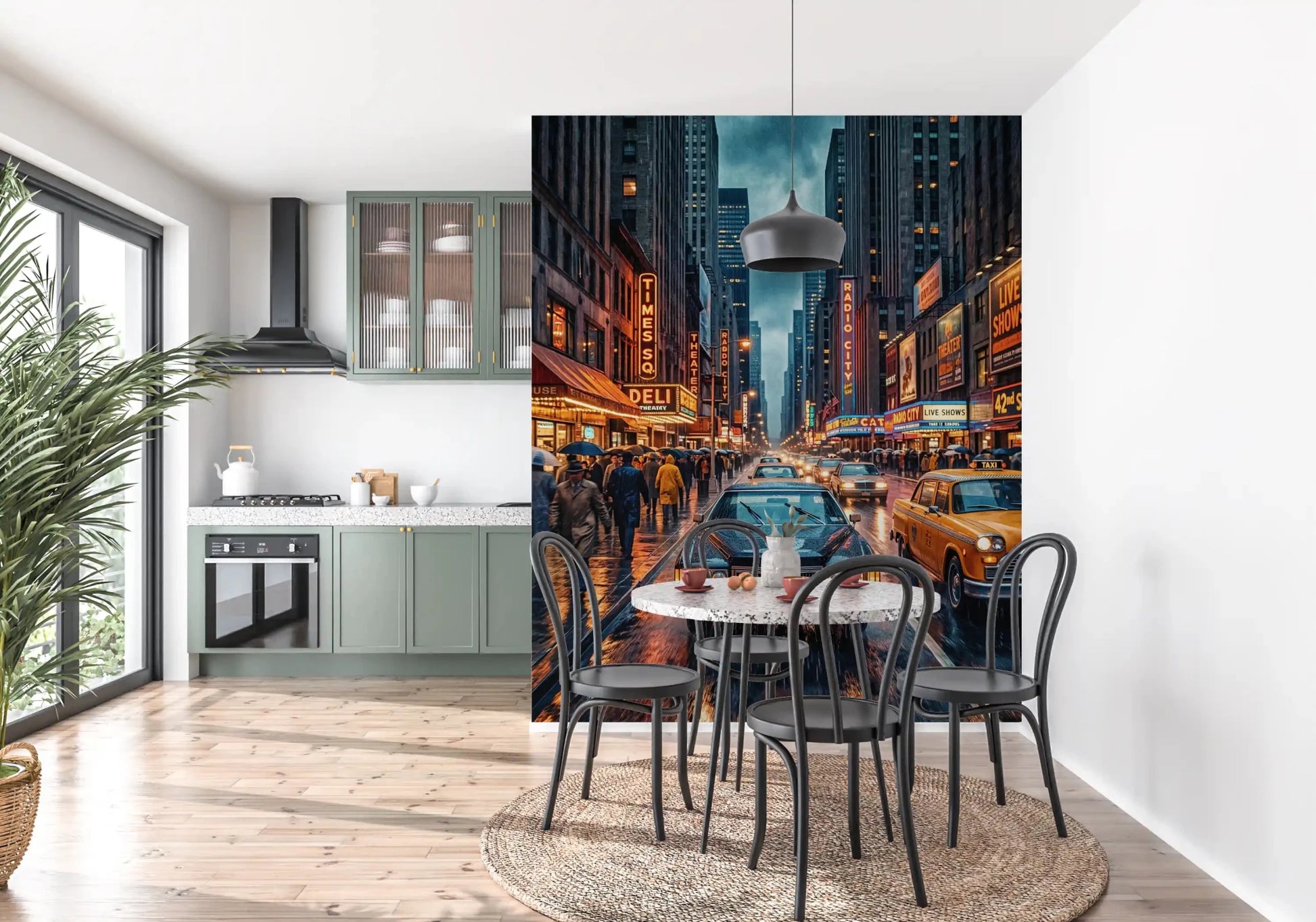 Dining room Vintage New York Streets wall mural in moody rainy night tones, GD9052