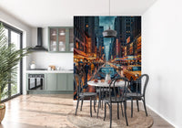 Dining room Vintage New York Streets wall mural in moody rainy night tones, GD9052