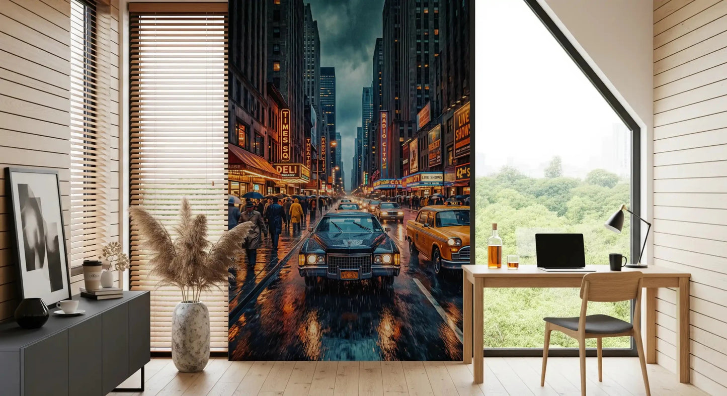 Neon Rain New York wall mural with retro cars and lit storefronts, GD9052