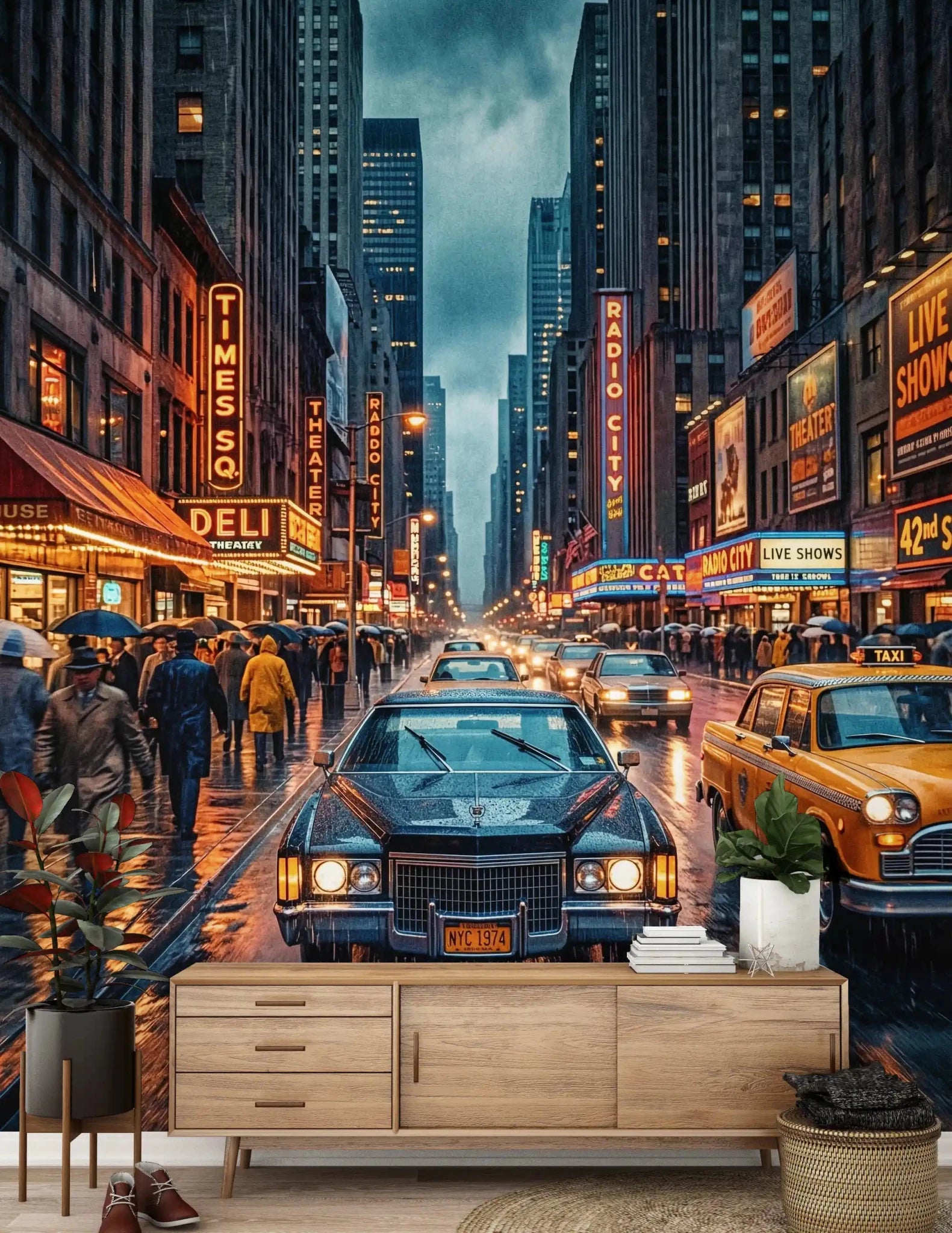 Vintage New York Streets wall mural with bright signs and rainy roadway, GD9052