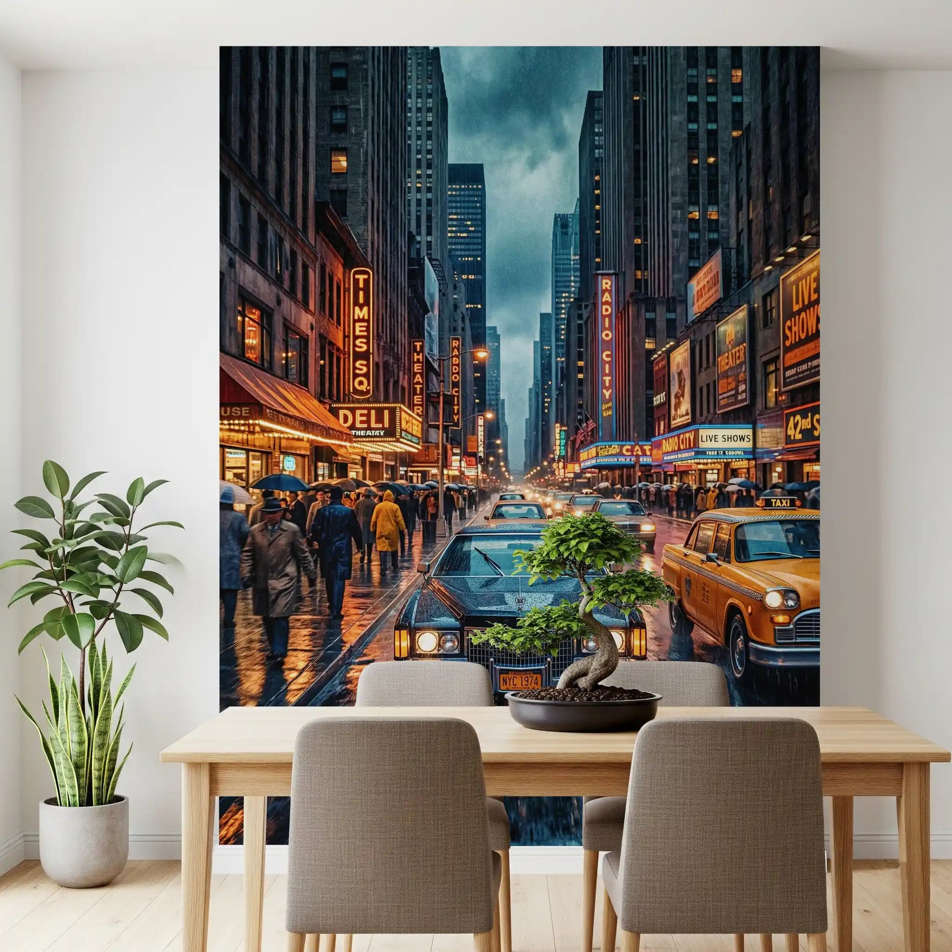 New York Vintage wall mural in stormy blue light and busy avenue scene, GD9052