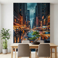 New York Vintage wall mural in stormy blue light and busy avenue scene, GD9052