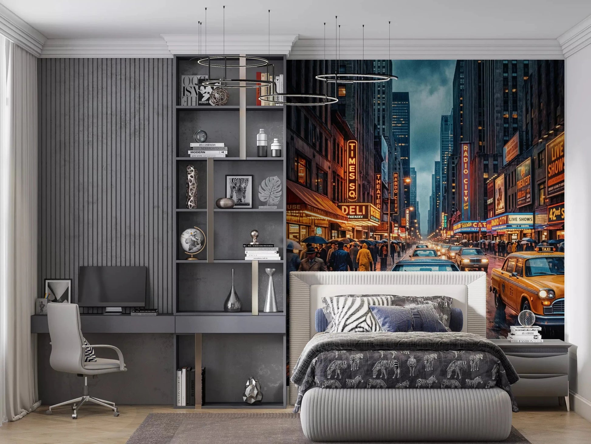 Bedroom Neon Rain Streets wall mural with classic car and theater lights, GD9052