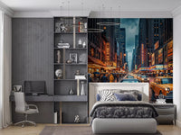 Bedroom Neon Rain Streets wall mural with classic car and theater lights, GD9052