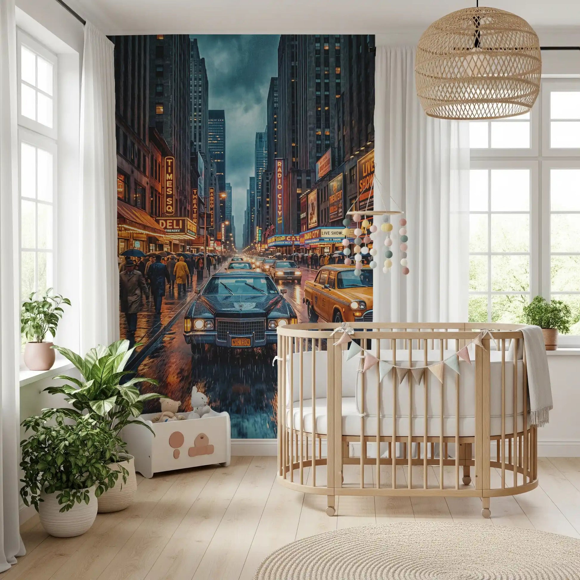 Kids room Vintage New York wall mural with wet avenue and neon signage, GD9052