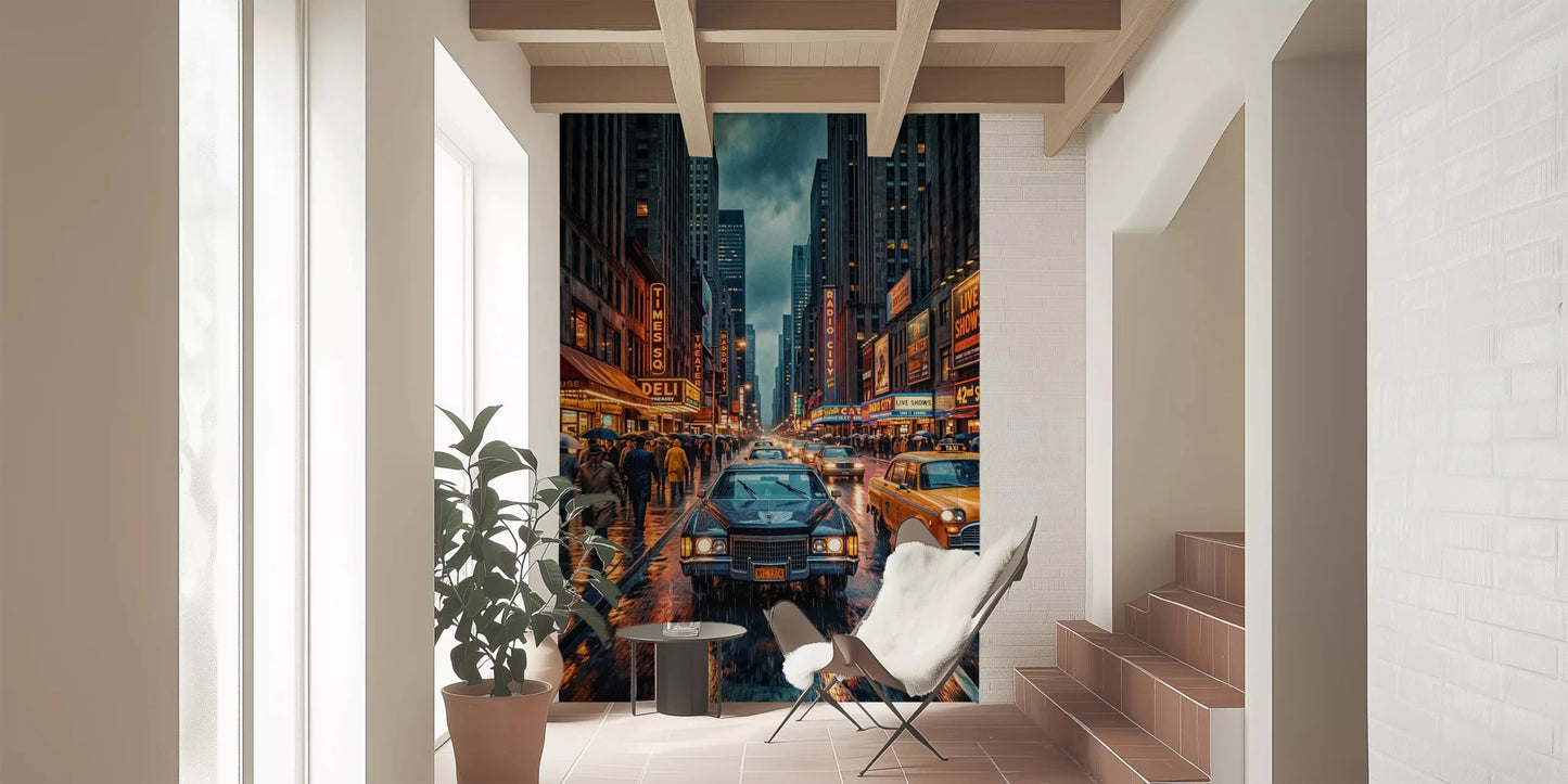 Neon Rain Streets wall mural with classic yellow cab and wet glow, GD9052