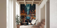 Neon Rain Streets wall mural with classic yellow cab and wet glow, GD9052