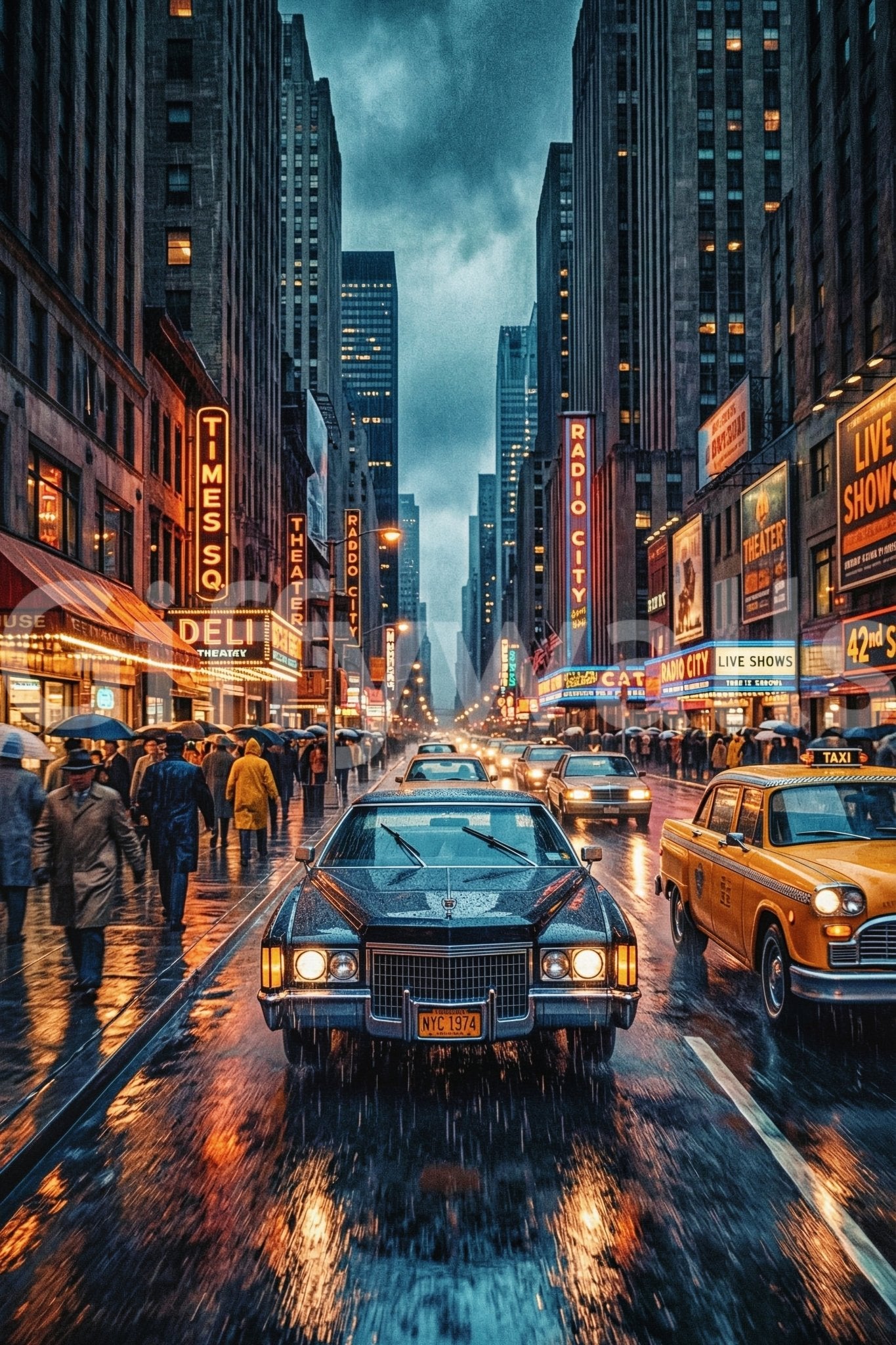 Vintage Streets wall mural with rain streaks, taxis, and urban neon color, GD9052