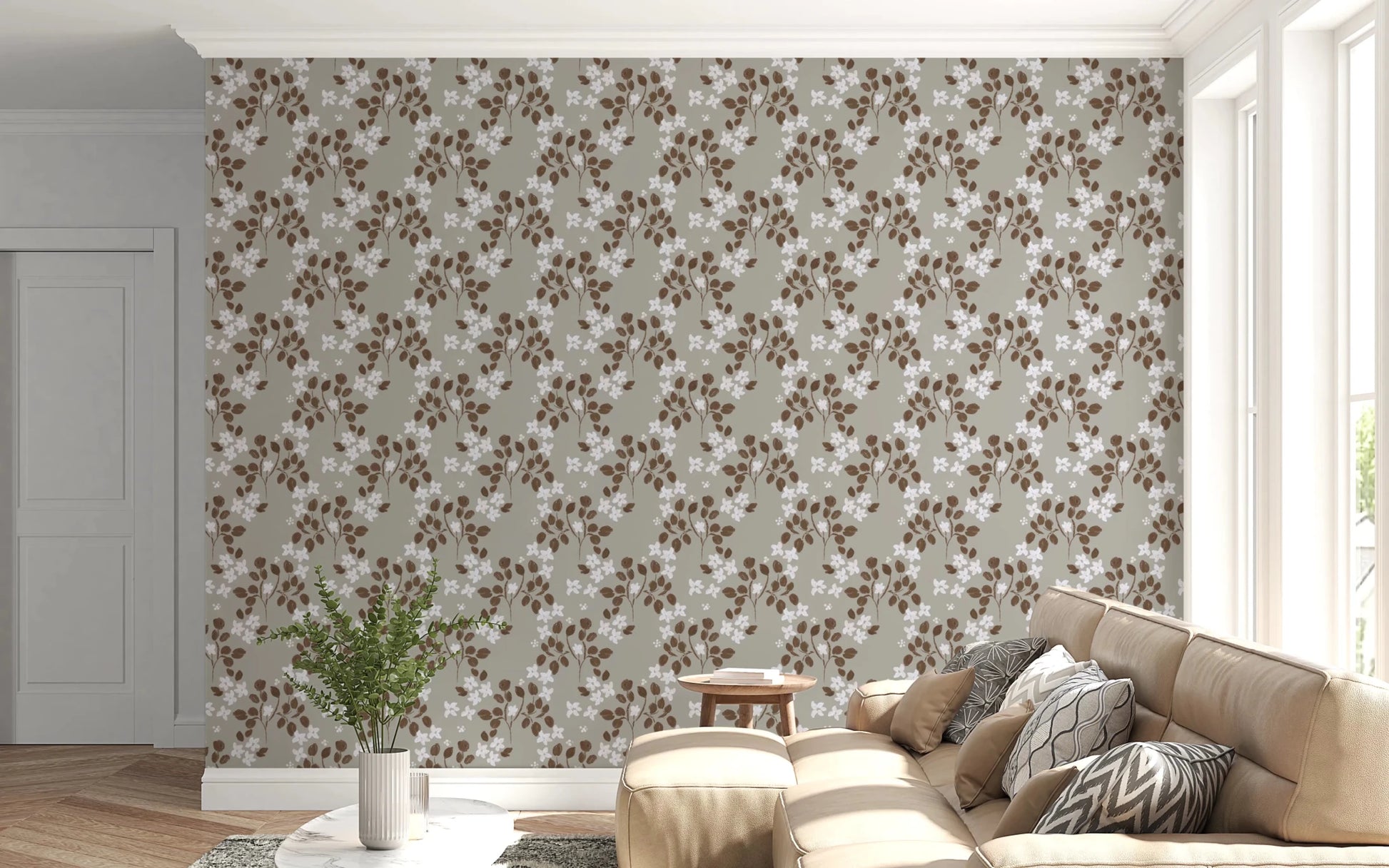 Living room with Neutral Bloom Rustic Grey white Pattern Wallpaper, GD8808