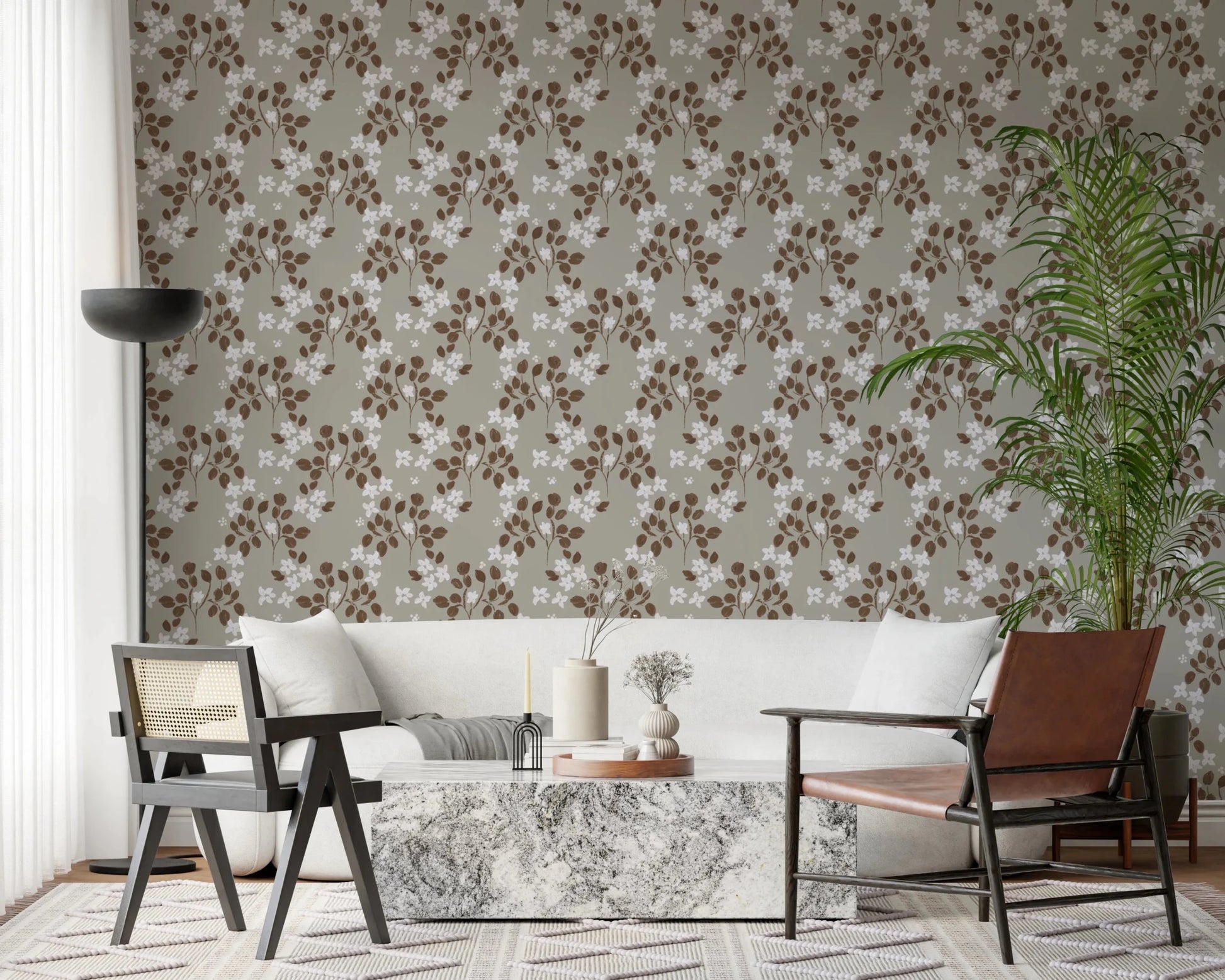 Brown leafy stems balance this Neutral Bloom white oil painted Wallpaper, GD8808